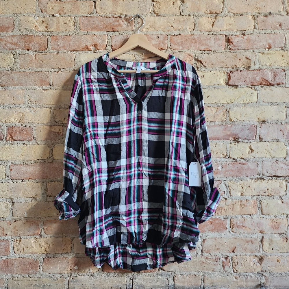NWT Time And Tru Black White Pink Teal Plaid Tunic Blouse Size XL